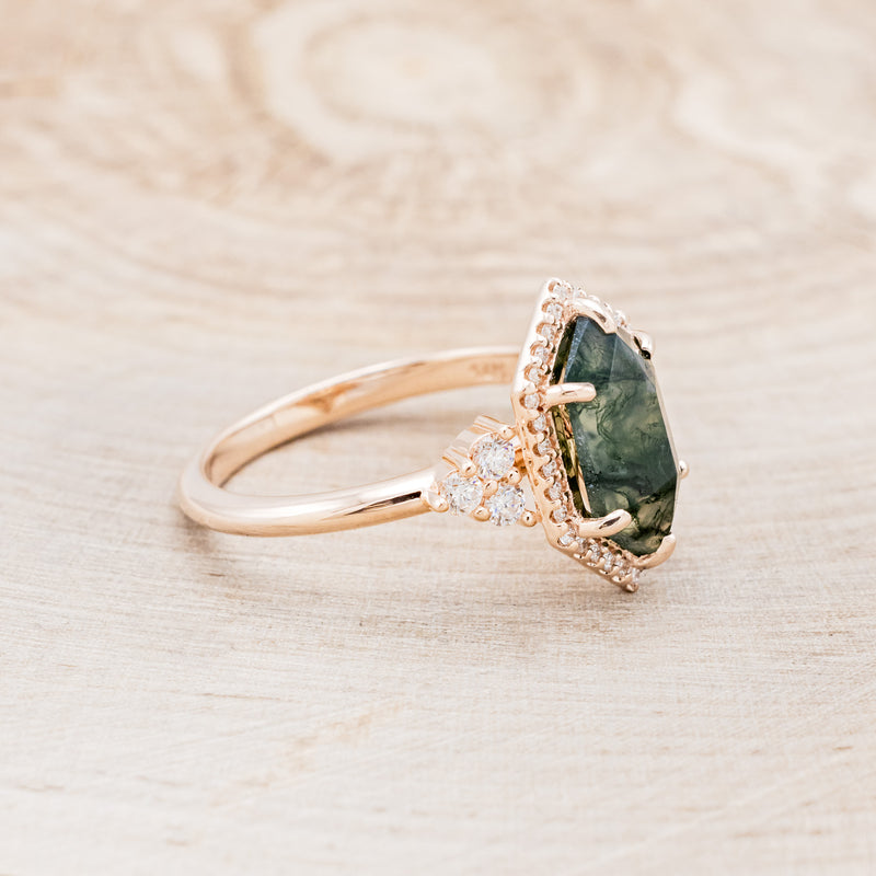 "OCTAVIA" - ELONGATED HEXAGON MOSS AGATE ENGAGEMENT RING WITH DIAMOND HALO & ACCENTS-2