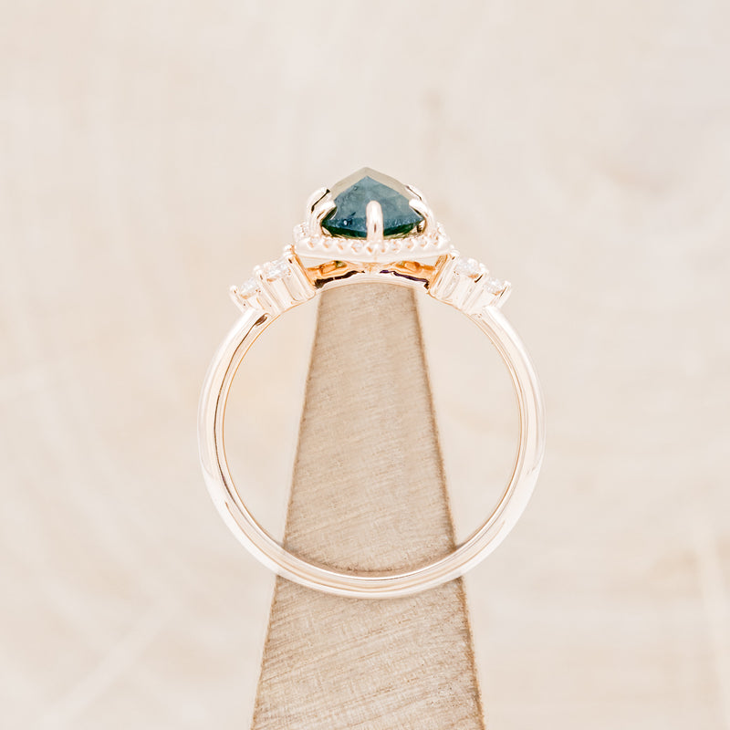 "OCTAVIA" - ELONGATED HEXAGON MOSS AGATE ENGAGEMENT RING WITH DIAMOND HALO & ACCENTS-6