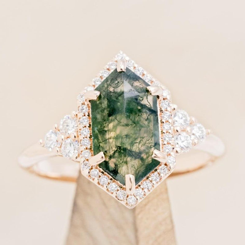 "OCTAVIA" - ELONGATED HEXAGON MOSS AGATE ENGAGEMENT RING WITH DIAMOND HALO & ACCENTS-1