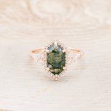 "OCTAVIA" - ELONGATED HEXAGON MOSS AGATE ENGAGEMENT RING WITH DIAMOND HALO & ACCENTS-4