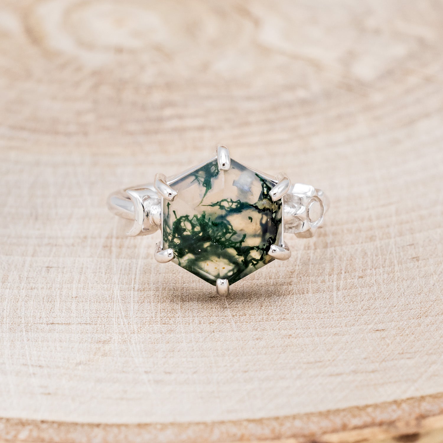 "SOLLÚA" - HEXAGON MOSS AGATE ENGAGEMENT RING WITH SUN & CRESCENT MOON ACCENTS-4