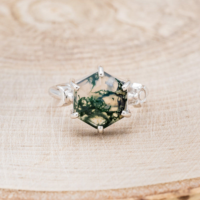 "SOLLÚA" - HEXAGON MOSS AGATE ENGAGEMENT RING WITH SUN & CRESCENT MOON ACCENTS