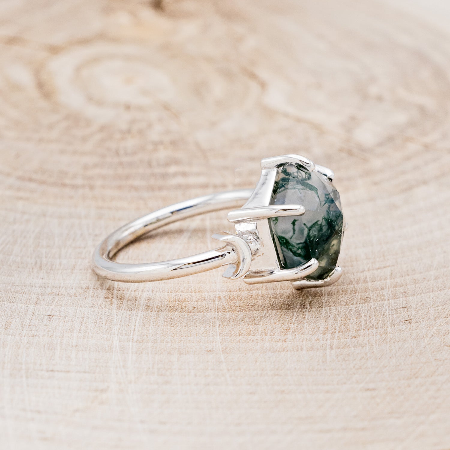 "SOLLÚA" - HEXAGON MOSS AGATE ENGAGEMENT RING WITH SUN & CRESCENT MOON ACCENTS-2