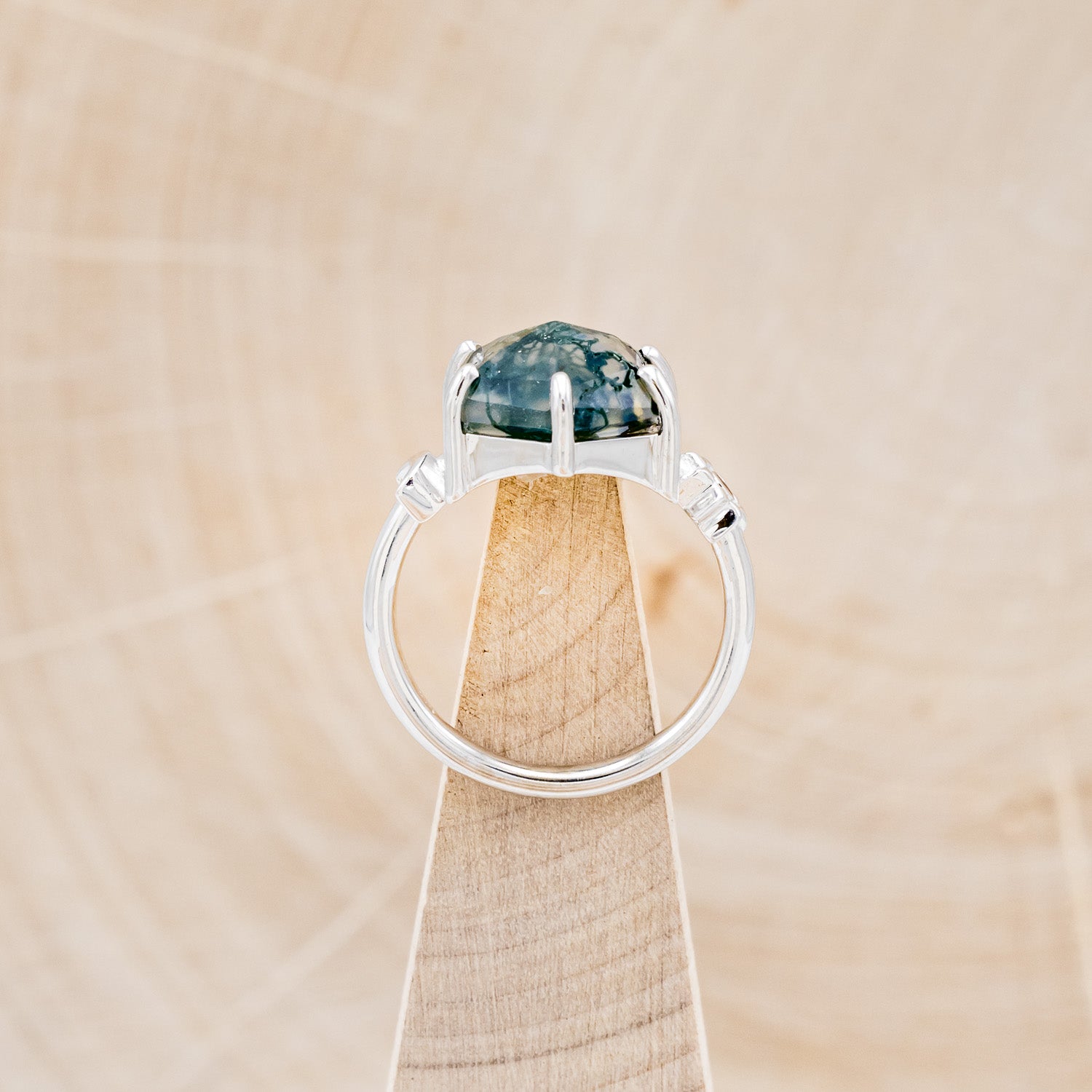 "SOLLÚA" - HEXAGON MOSS AGATE ENGAGEMENT RING WITH SUN & CRESCENT MOON ACCENTS-6