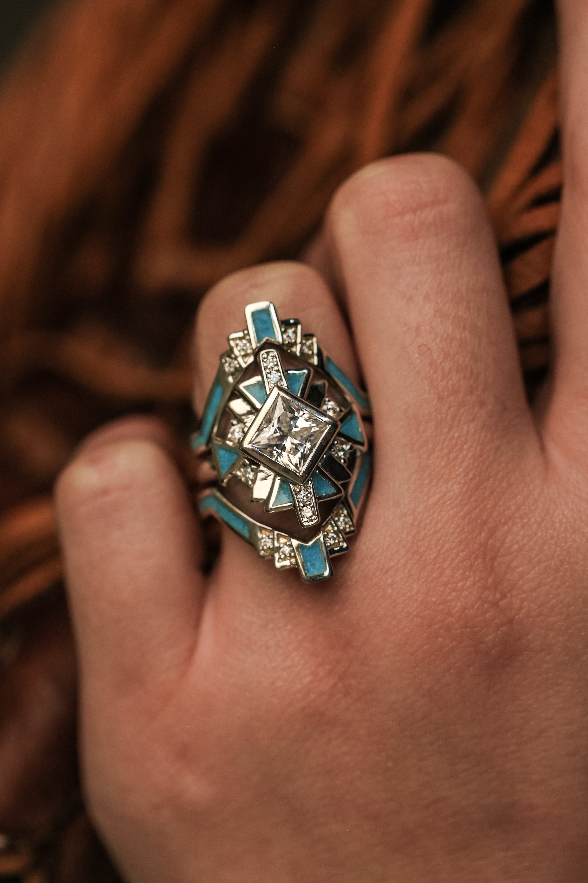 "CALLIANDRA" - BRIDAL SUITE - PRINCESS CUT MOISSANITE ENGAGEMENT RING WITH DIAMOND ACCENTS, TURQUOISE, & TRACERS-31