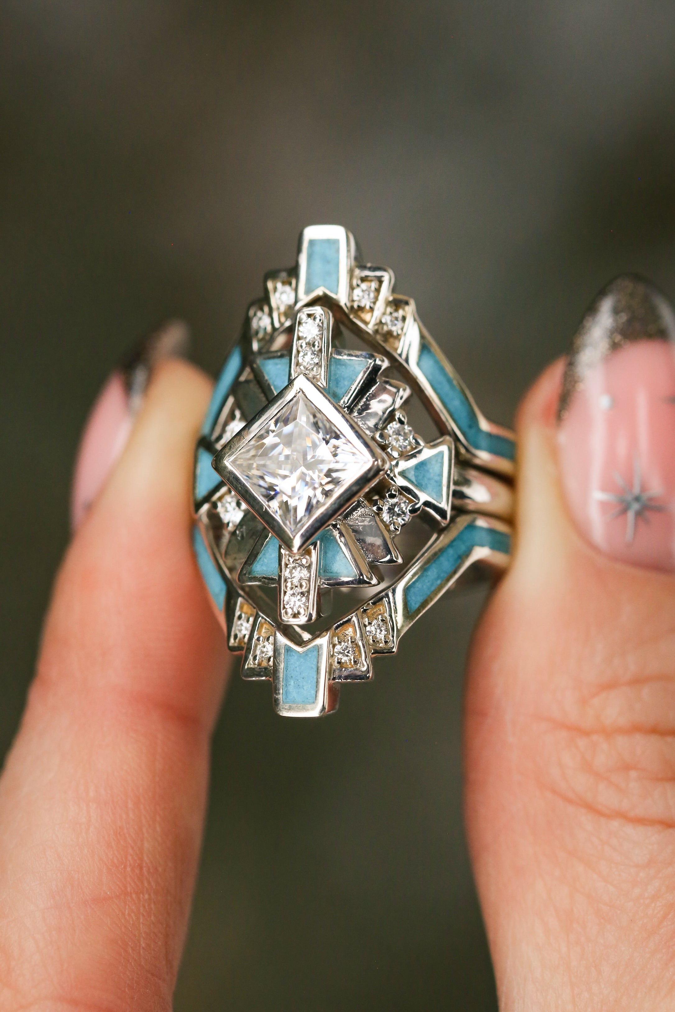"CALLIANDRA" - BRIDAL SUITE - PRINCESS CUT MOISSANITE ENGAGEMENT RING WITH DIAMOND ACCENTS, TURQUOISE, & TRACERS-32