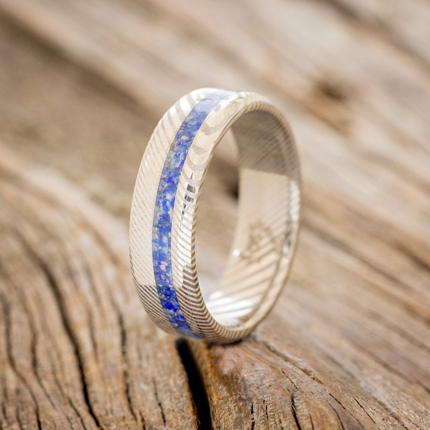 "VERTIGO" - LAPIS LAZULI WITH FIRE & ICE OPAL MIX WEDDING BAND-7