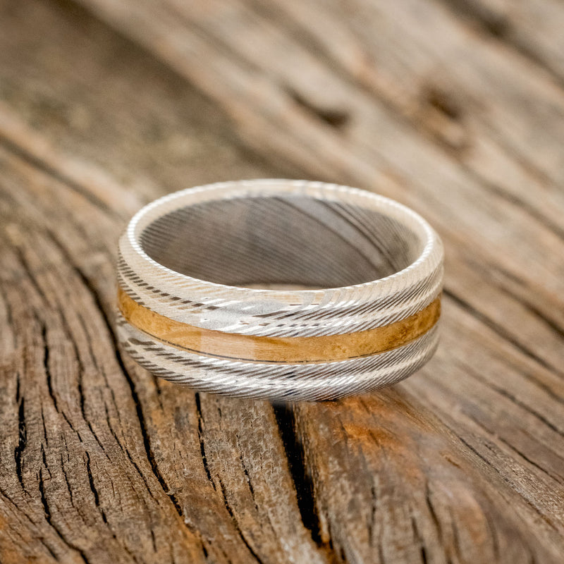 "AUSTIN" - MATCHING SET OF ETCHED DAMASCUS STEEL WEDDING BANDS WITH WHISKEY BARREL INLAY