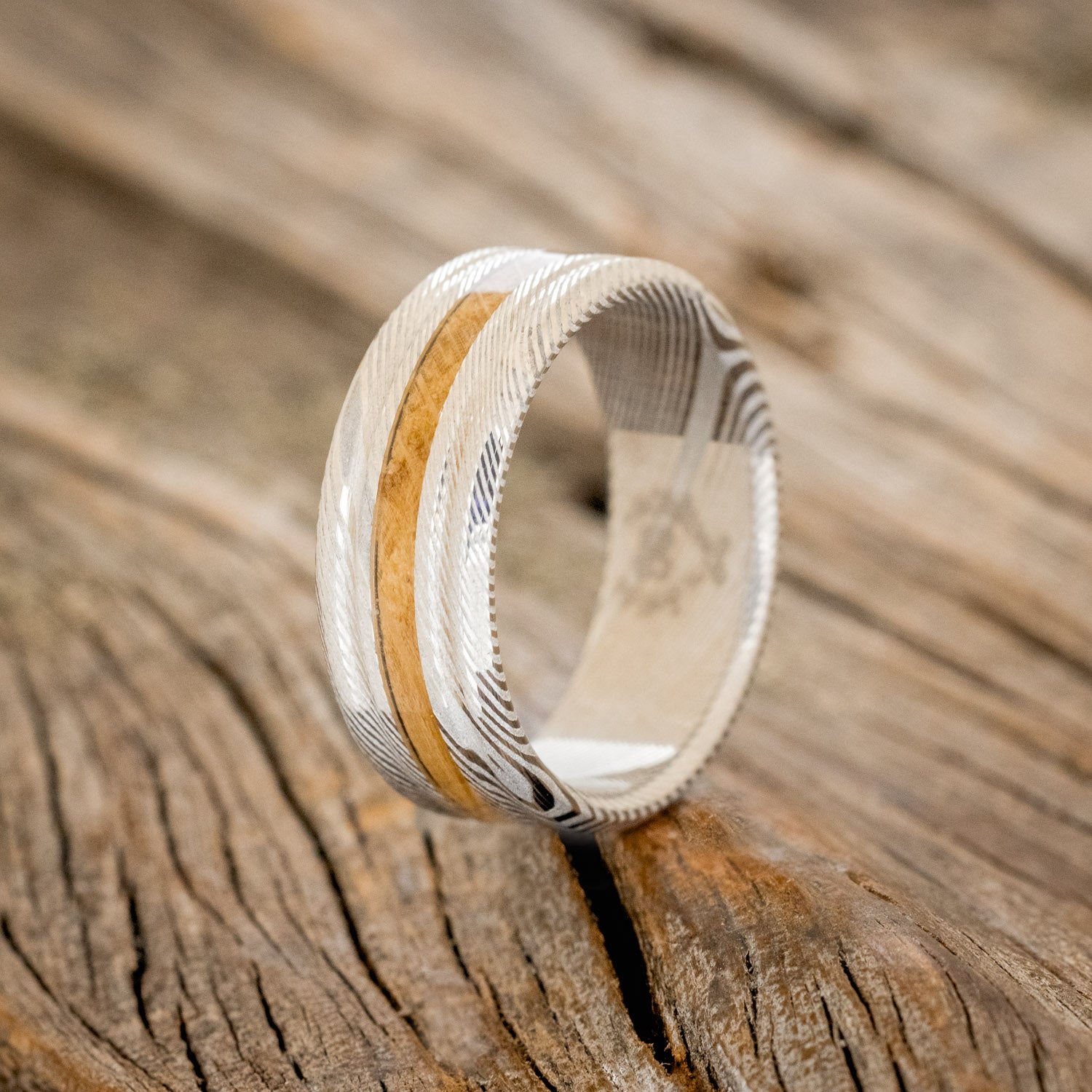 "AUSTIN" - MATCHING SET OF ETCHED DAMASCUS STEEL WEDDING BANDS WITH WHISKEY BARREL INLAY-2