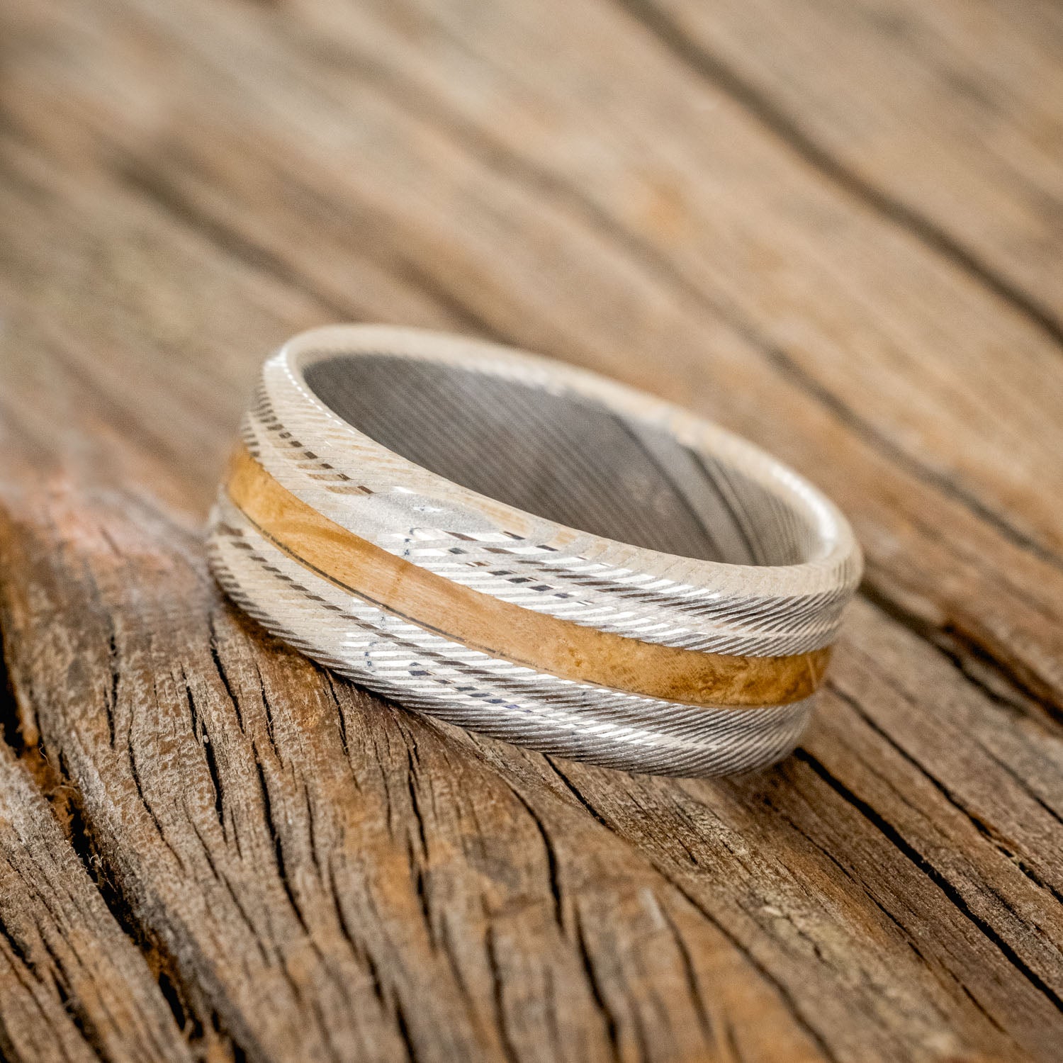 "AUSTIN" - MATCHING SET OF ETCHED DAMASCUS STEEL WEDDING BANDS WITH WHISKEY BARREL INLAY-3