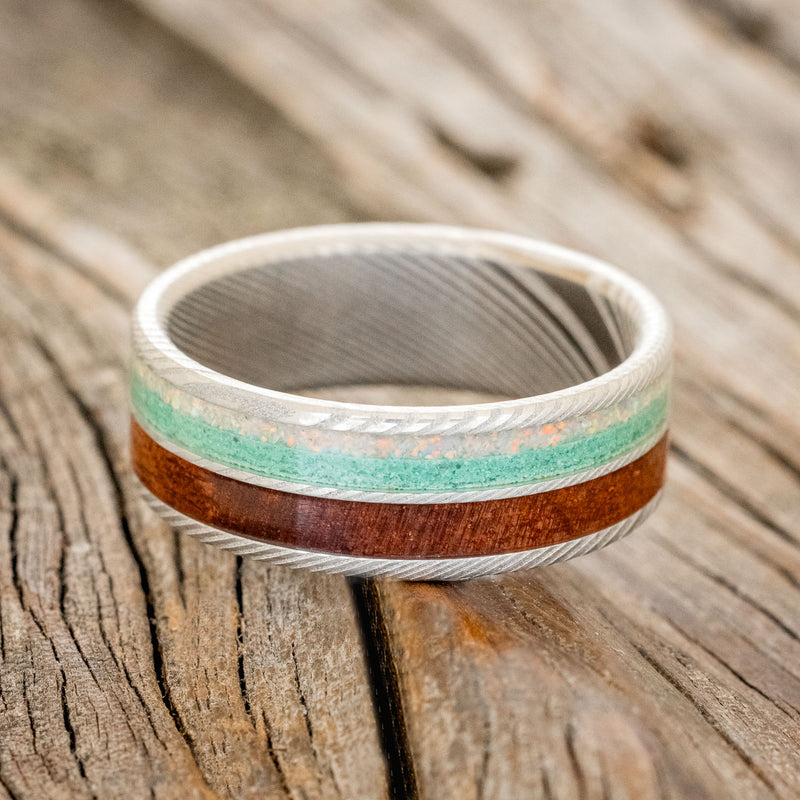 "DYAD" - FIRE AND ICE OPAL & ROSEWOOD WEDDING BAND-3