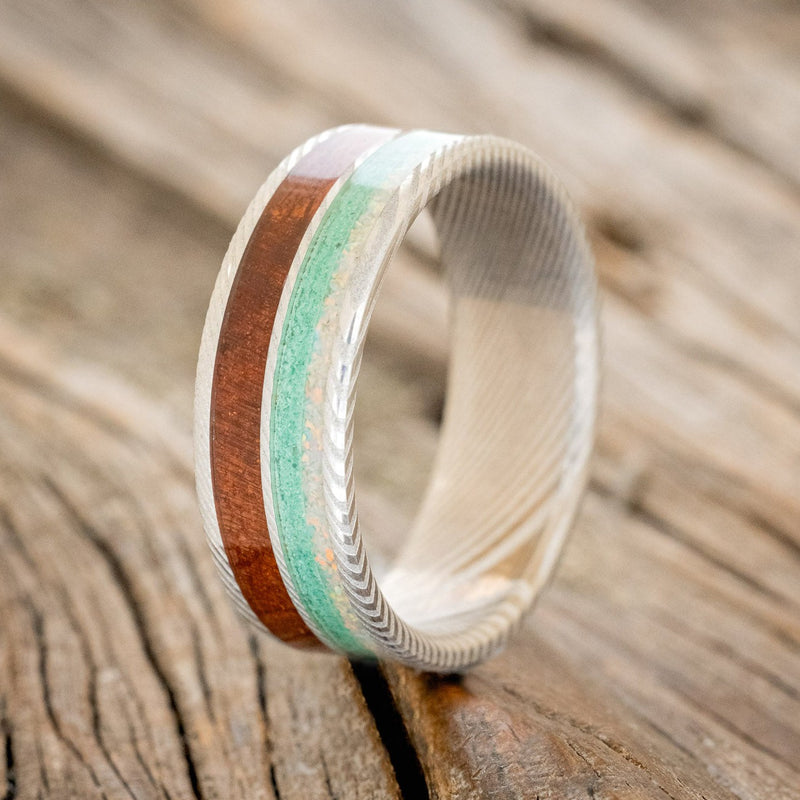 "DYAD" - FIRE AND ICE OPAL & ROSEWOOD WEDDING BAND