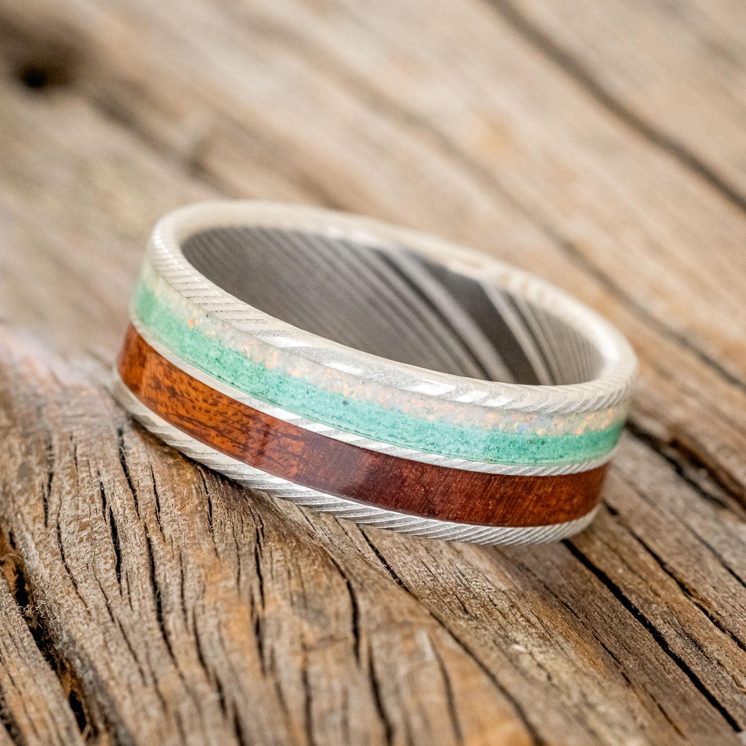 "DYAD" - FIRE AND ICE OPAL & ROSEWOOD WEDDING BAND-2
