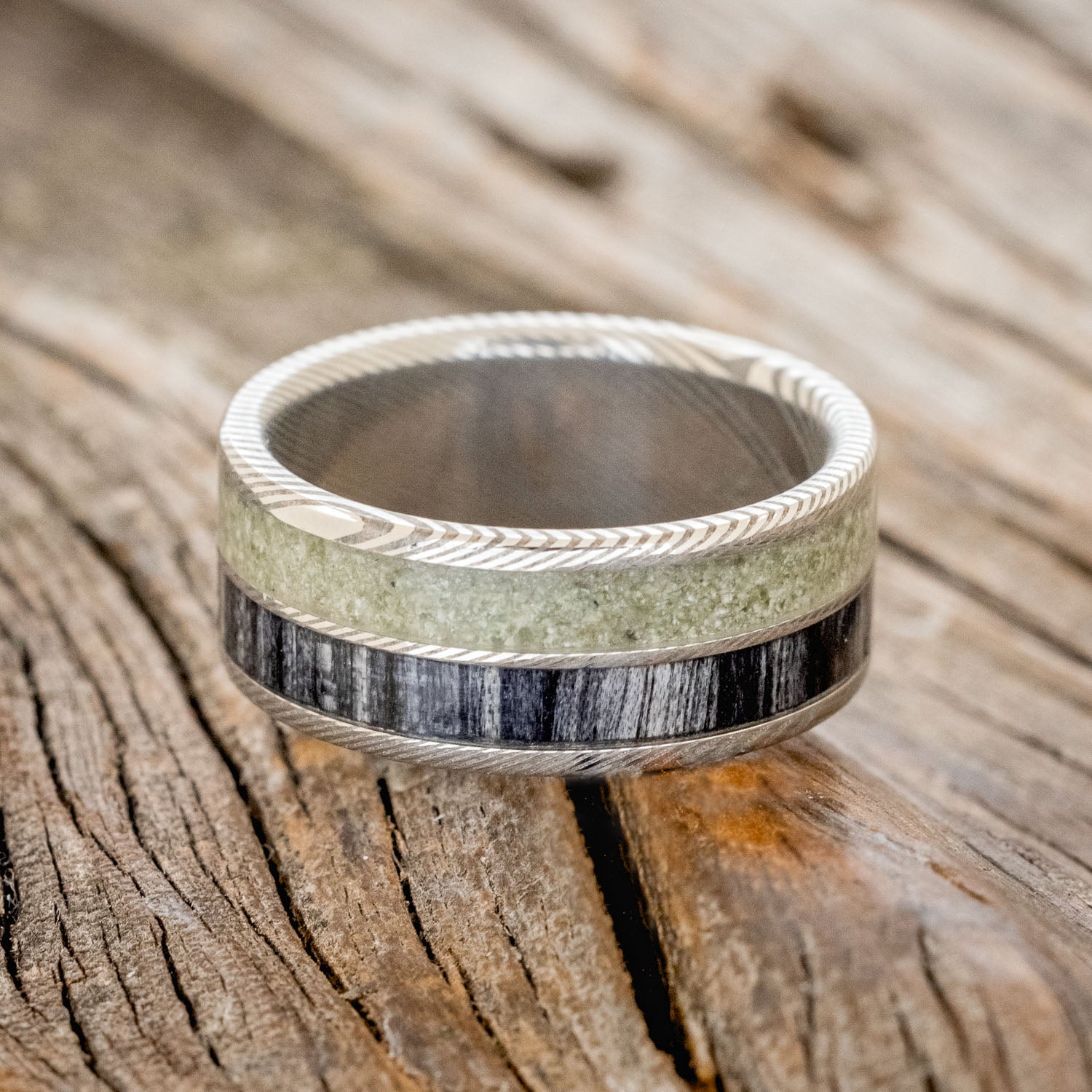 "DYAD" - GREY BIRCH WOOD & MOLDAVITE WEDDING BAND-3