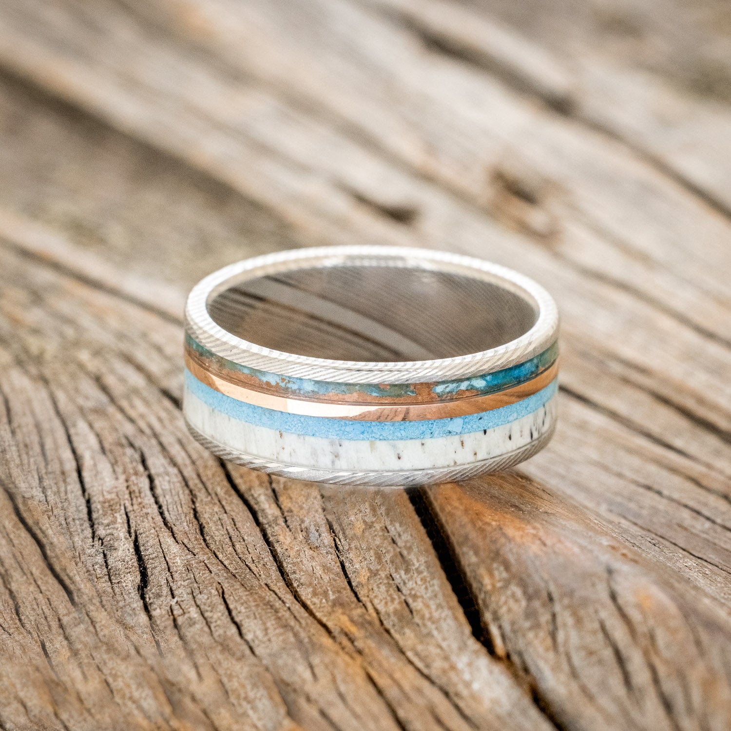 "ELEMENT" - PATINA COPPER, TURQUOISE, ANTLER & 14K ROSE GOLD INLAY WEDDING BAND-9