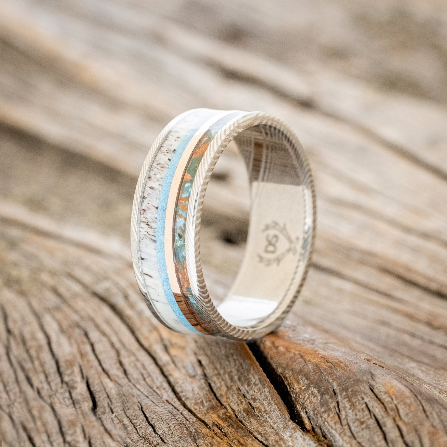 "ELEMENT" - PATINA COPPER, TURQUOISE, ANTLER & 14K ROSE GOLD INLAY WEDDING BAND-7