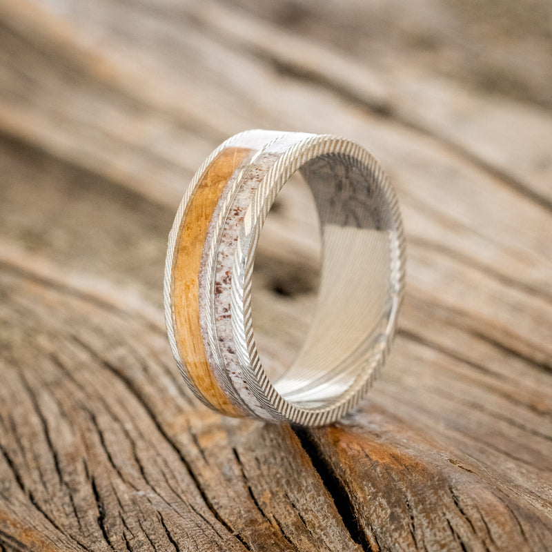 "ELEMENT" - ANTLER, CHAROITE, & WHISKEY BARREL WEDDING BAND - READY TO SHIP-4