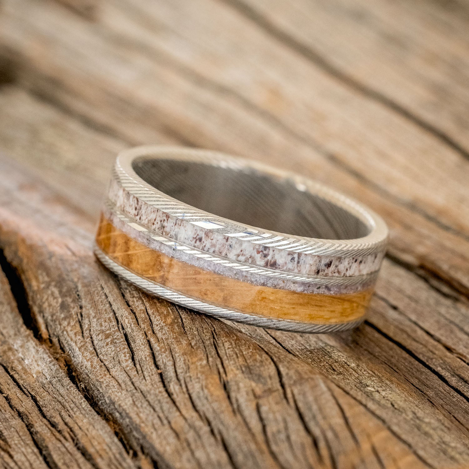 "ELEMENT" - ANTLER, CHAROITE, & WHISKEY BARREL WEDDING BAND-5