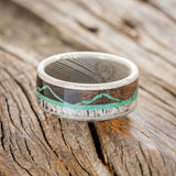 "THE EXPEDITION" - MOUNTAIN ENGRAVED WEDDING RING WITH DARK MAPLE, MALACHITE & ANTLER