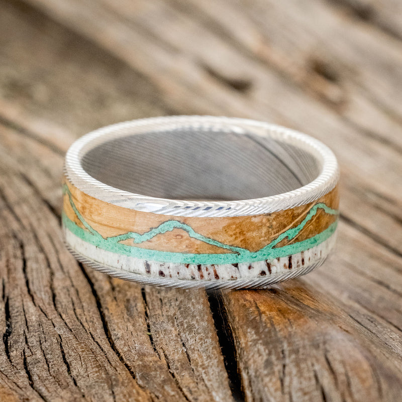 "THE EXPEDITION" - MOUNTAIN ENGRAVED WEDDING RING WITH WHISKEY BARREL OAK, MALACHITE & ANTLER