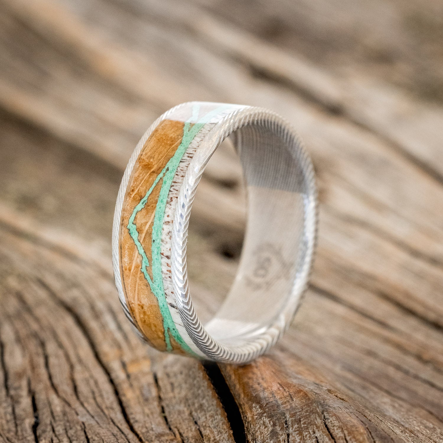"THE EXPEDITION" - MOUNTAIN ENGRAVED WEDDING RING WITH WHISKEY BARREL OAK, MALACHITE & ANTLER-4