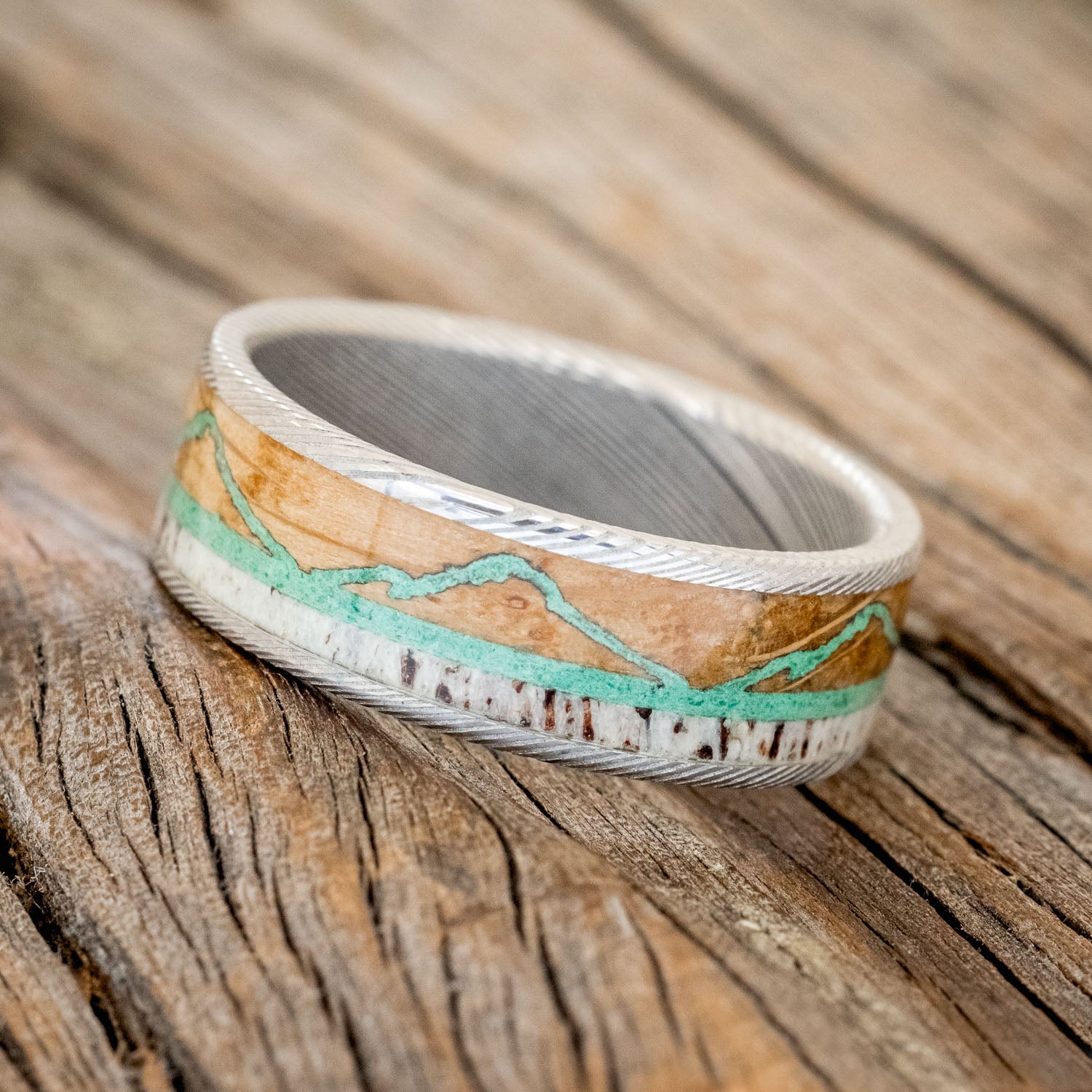 "THE EXPEDITION" - MOUNTAIN ENGRAVED WEDDING RING WITH WHISKEY BARREL OAK, MALACHITE & ANTLER-5