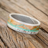 "THE EXPEDITION" - MOUNTAIN ENGRAVED WEDDING RING WITH WHISKEY BARREL OAK, MALACHITE & ANTLER