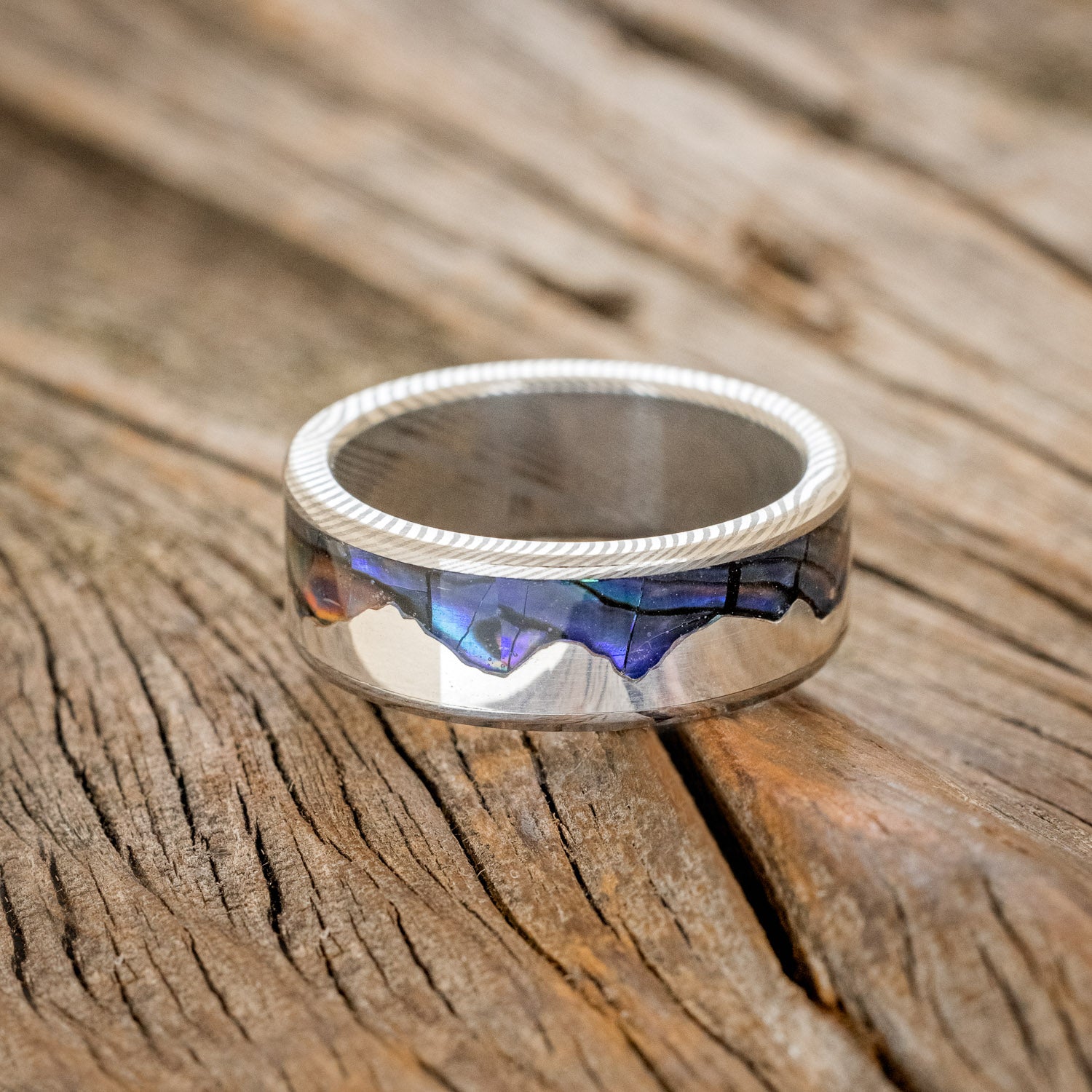 "HELIOS" - PAUA SHELL & SILVER MOUNTAIN RANGE WEDDING RING-6