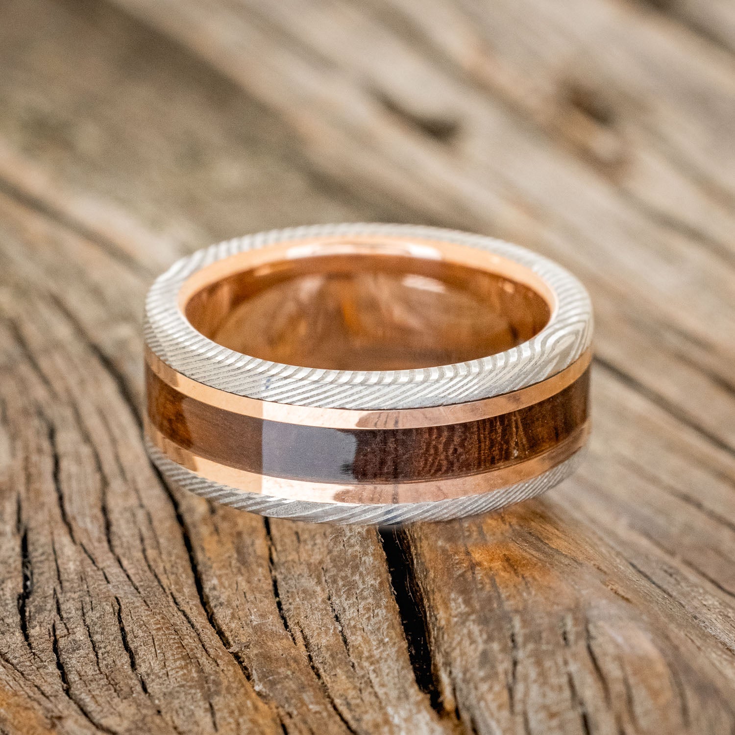 "KALDER" - IRONWOOD & 14K GOLD INLAYS WEDDING RING FEATURING A DAMASCUS STEEL OVERLAY 14K GOLD BAND-3