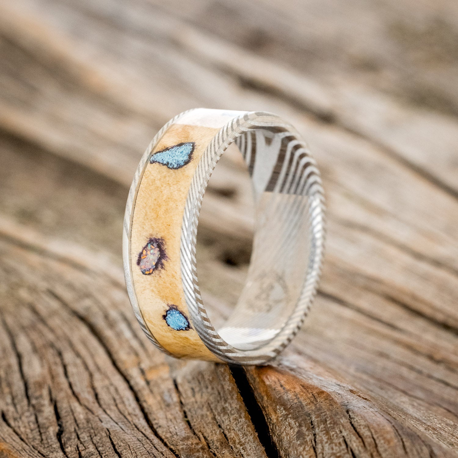 "RAINIER" - WHISKEY BARREL WOOD, OPAL & TURQUOISE WEDDING BAND-4