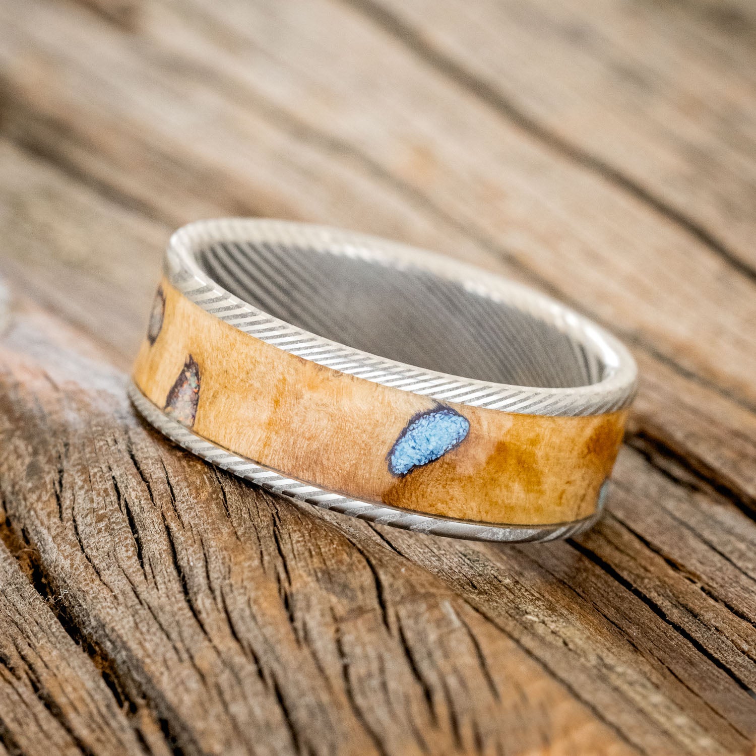 "RAINIER" - WHISKEY BARREL WOOD, OPAL & TURQUOISE WEDDING BAND-5
