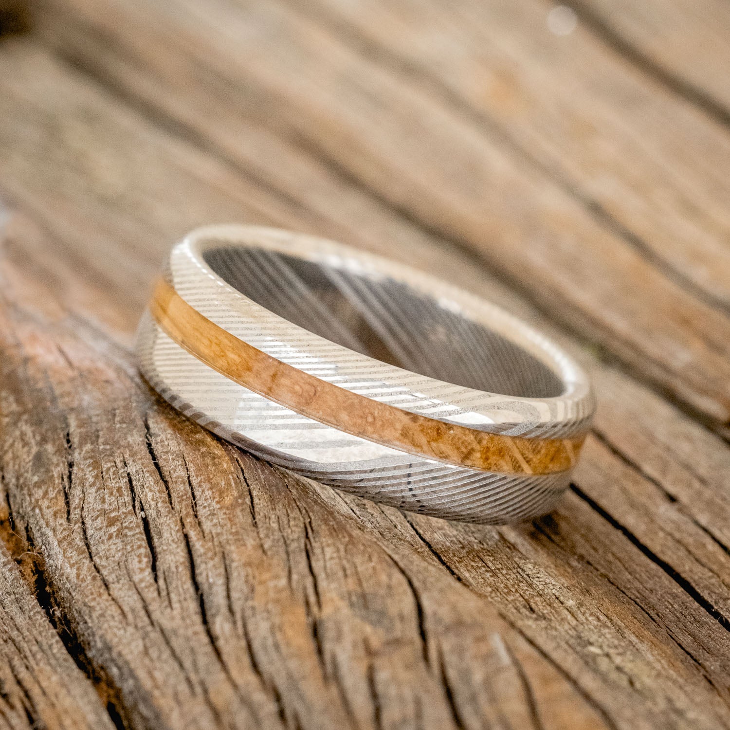 "AUSTIN" - MATCHING SET OF ETCHED DAMASCUS STEEL WEDDING BANDS WITH WHISKEY BARREL INLAY-6