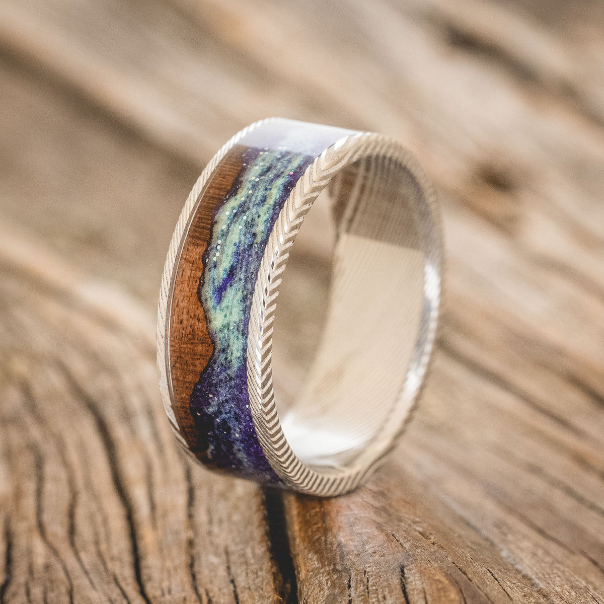 "BOREALIS" - MOUNTAIN ENGRAVED WEDDING RING WITH DARK MAPLE WOOD & GLOW IN THE DARK NORTHERN LIGHTS-7