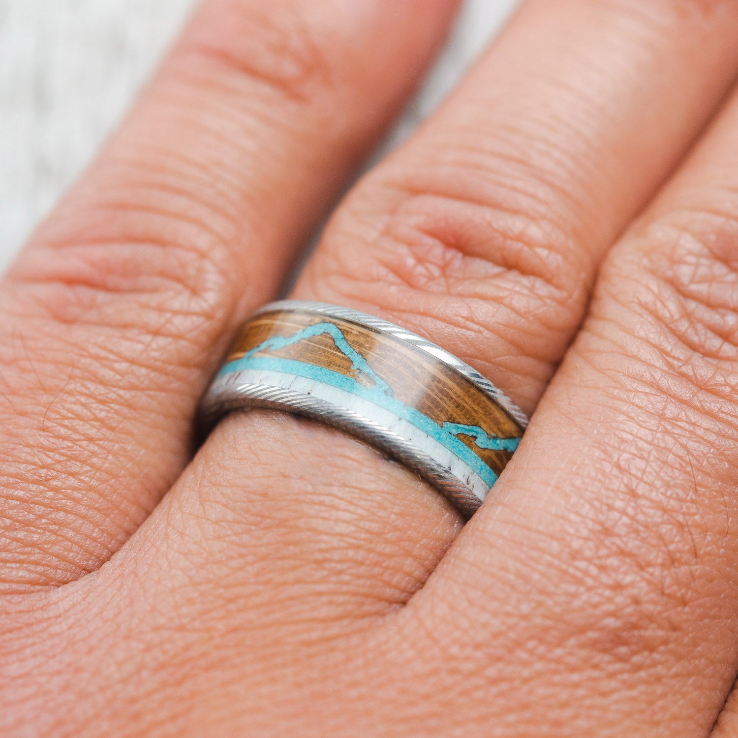 "THE EXPEDITION" - MOUNTAIN ENGRAVED WEDDING RING WITH WHISKEY BARREL OAK, TURQUOISE & ANTLER-19