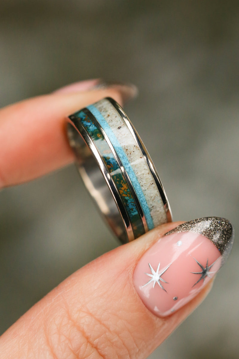 "ELEMENT" - PATINA COPPER, ANTLER & TURQUOISE WEDDING BAND - READY TO SHIP-11