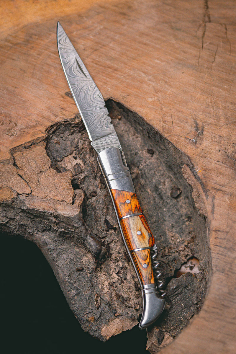 "RHONE RANGERS" - HANDMADE DAMASCUS STEEL FOLDING KNIFE WITH WINE CORKSCREW by Forseti Steel™