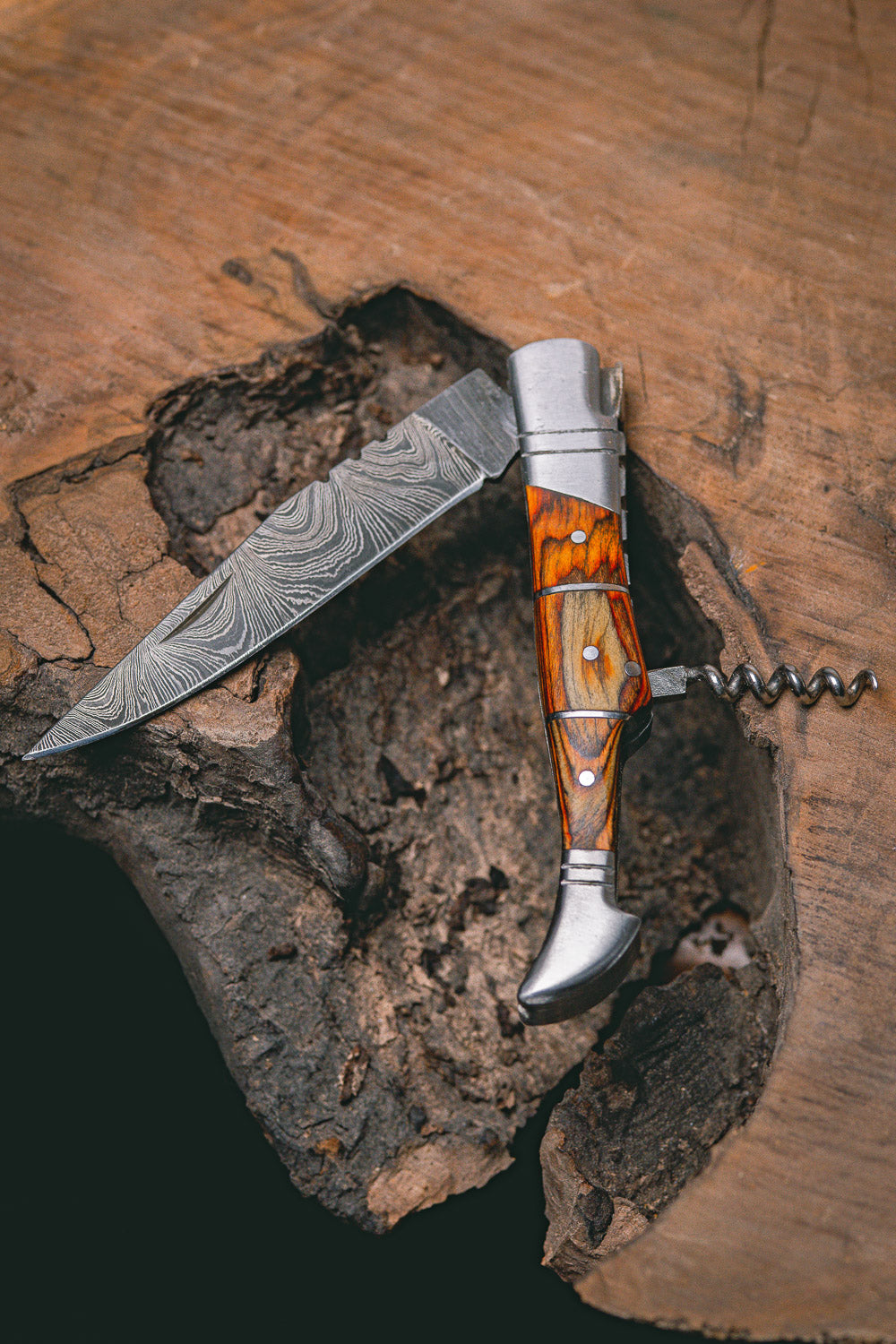 "RHONE RANGERS" - HANDMADE DAMASCUS STEEL FOLDING KNIFE WITH WINE CORKSCREW by Forseti Steel™-3