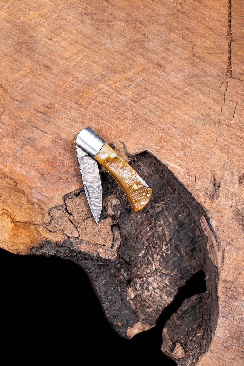 CUSTOM ENGRAVED CONFIDENT DAMASCUS STEEL POCKET KNIFE WITH LIGHT BROWN HANDLE by Forseti Steel™