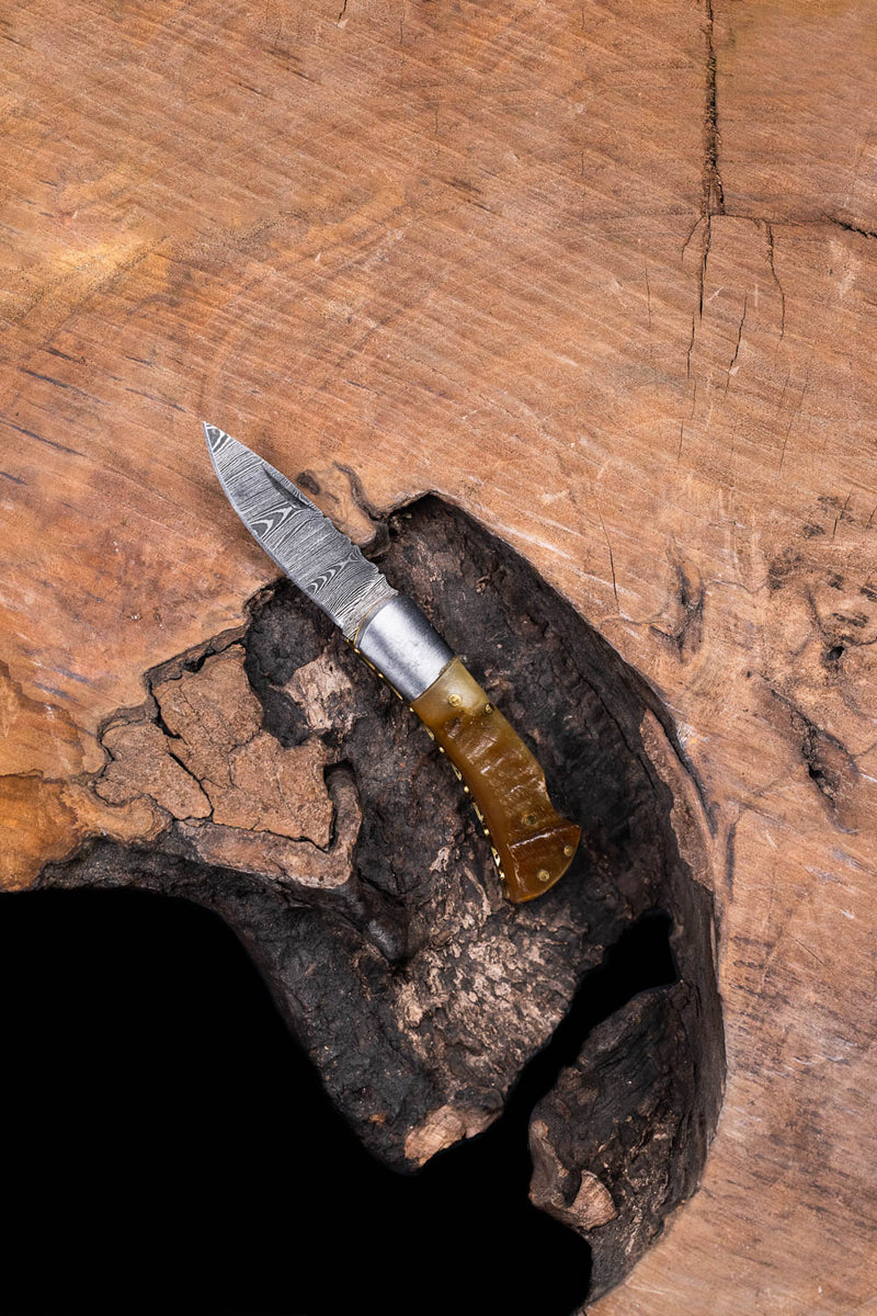 CUSTOM ENGRAVED CONFIDENT DAMASCUS STEEL POCKET KNIFE WITH LIGHT BROWN HANDLE by Forseti Steel™