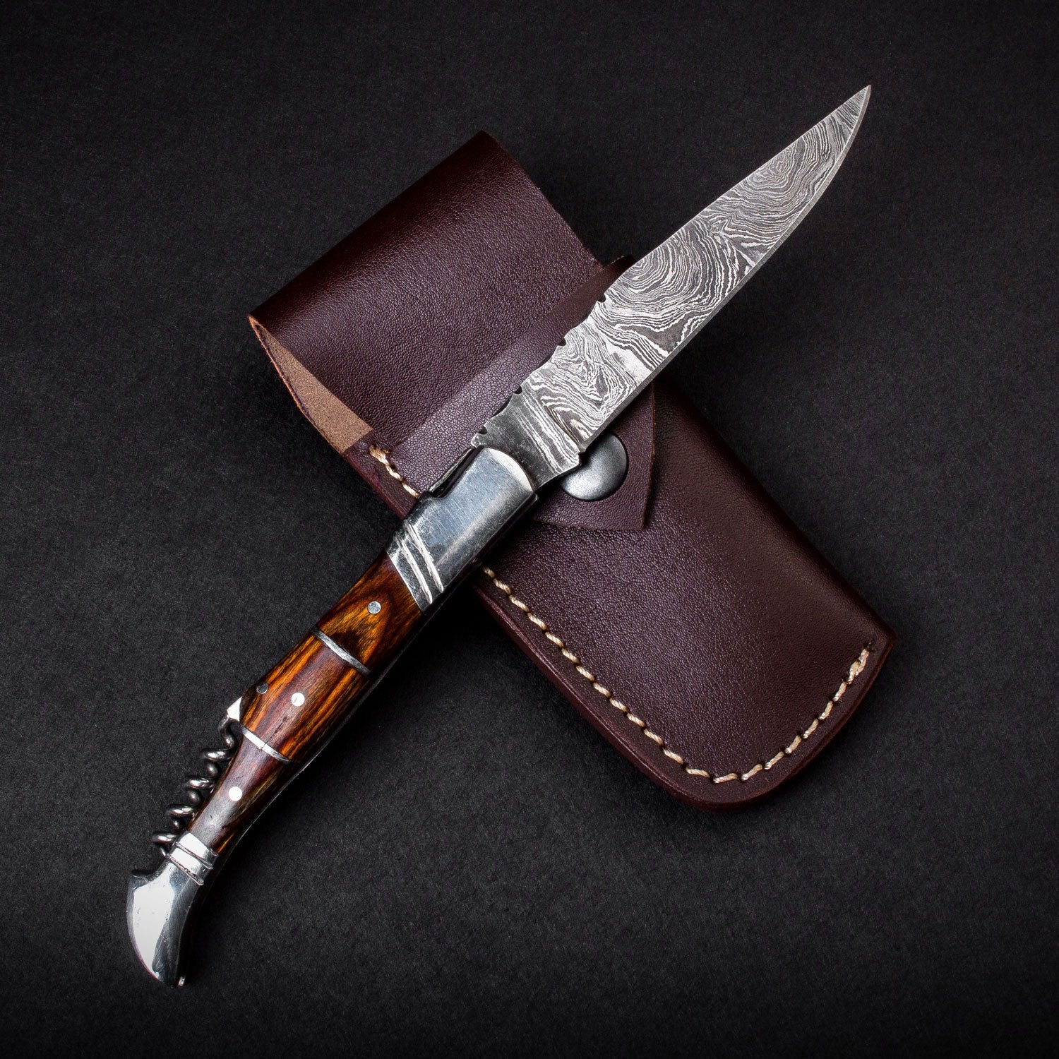 "RHONE RANGERS" - HANDMADE DAMASCUS STEEL FOLDING KNIFE WITH WINE CORKSCREW by Forseti Steel™-4