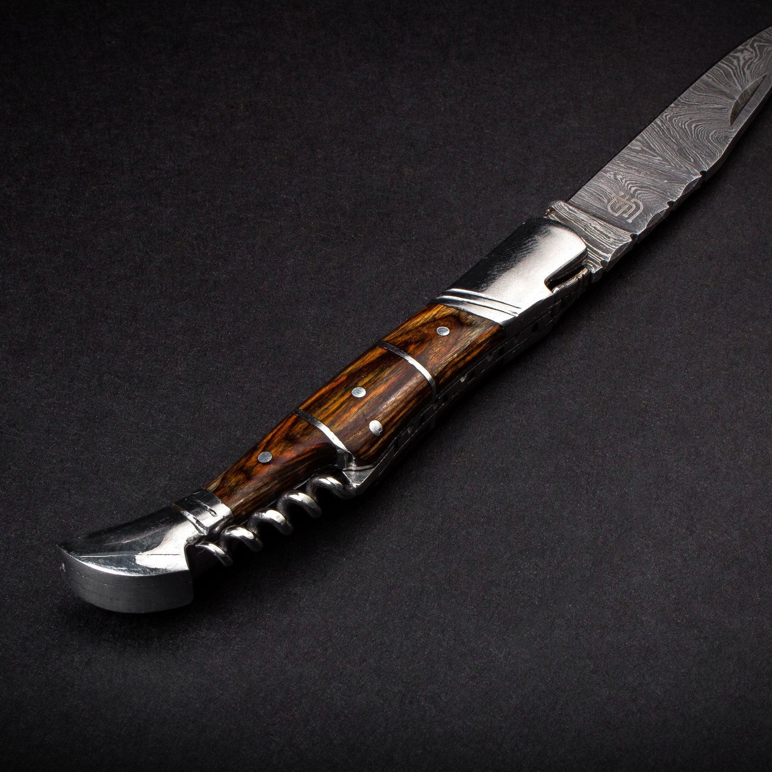 "RHONE RANGERS" - HANDMADE DAMASCUS STEEL FOLDING KNIFE WITH WINE CORKSCREW by Forseti Steel™-8