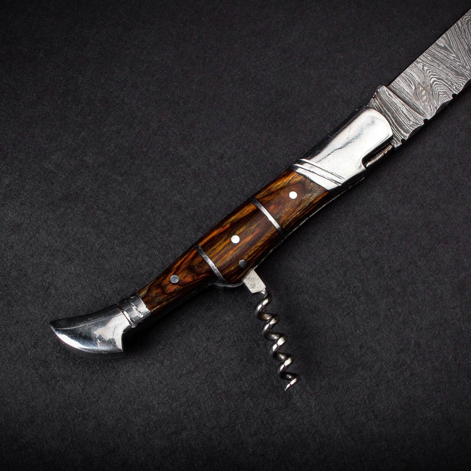 "RHONE RANGERS" - HANDMADE DAMASCUS STEEL FOLDING KNIFE WITH WINE CORKSCREW by Forseti Steel™-11