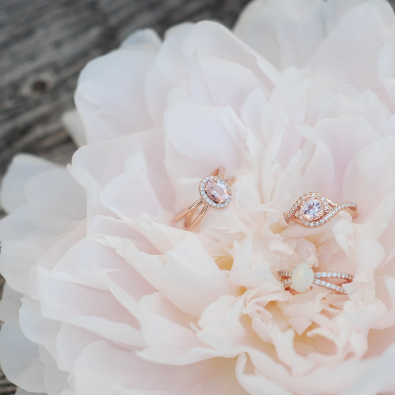 "FRENCHY" ENGAGEMENT RING IN 14K GOLD WITH MORGANITE & A DIAMOND HALO (available in 14K rose, white and yellow gold) - Staghead Designs - Antler Rings By Staghead Designs