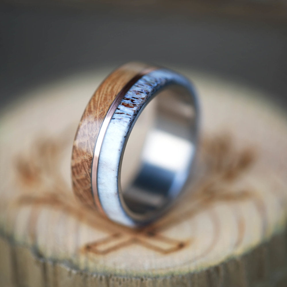 "GOLDEN" - WHISKEY BARREL OAK, ANTLER & 14K GOLD INLAY WEDDING BAND-4