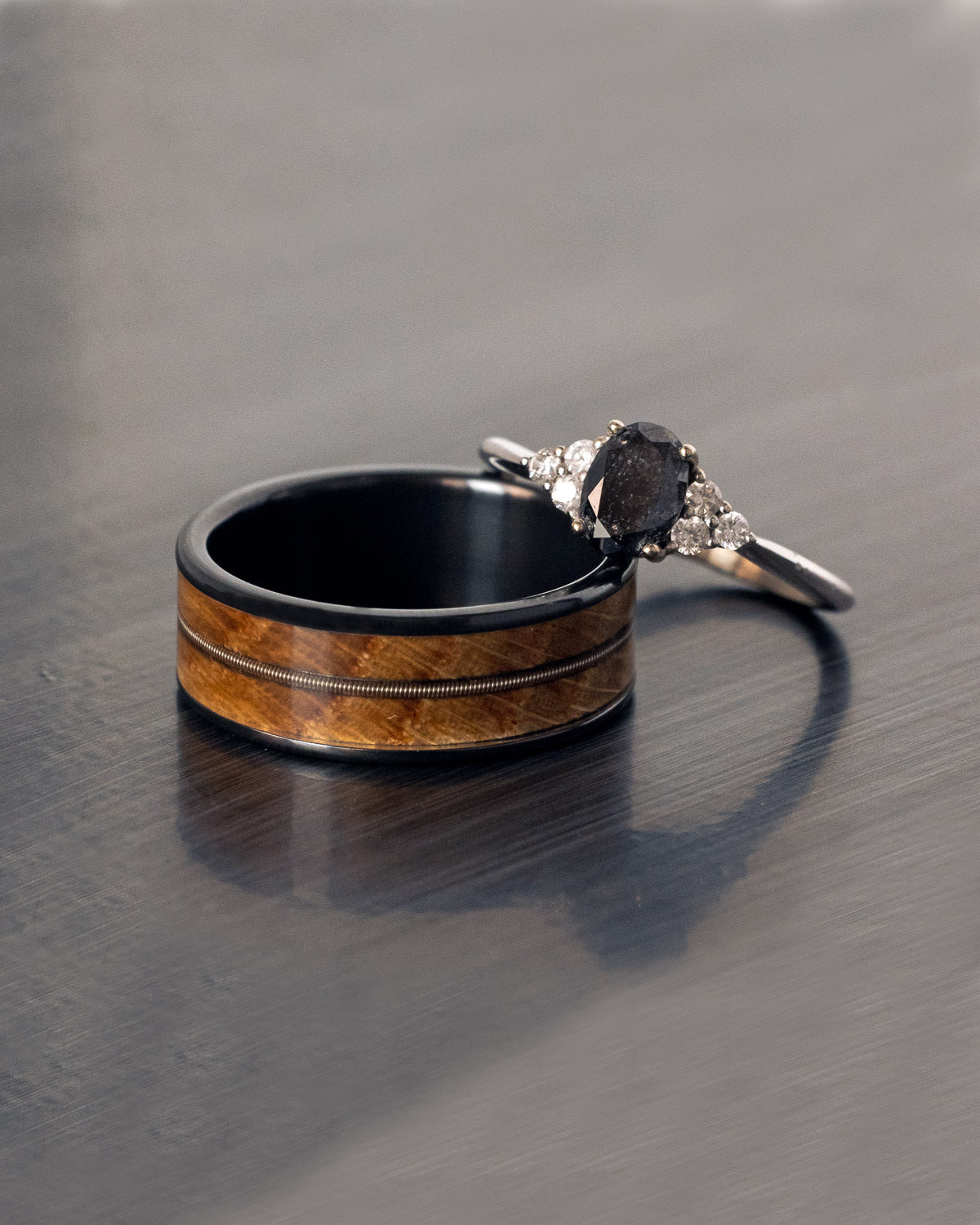 "RAINIER" - GUITAR STRING & WHISKEY BARREL OAK WEDDING RING-7