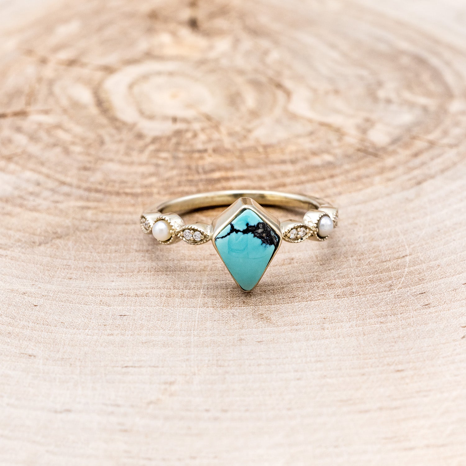 "BIANCA" - BRIDAL SUITE - KITE CUT TURQUOISE ENGAGEMENT RING WITH PEARLS & DIAMOND ACCENTS-21