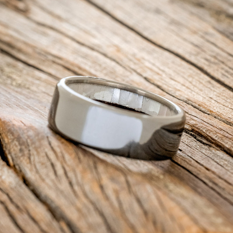 MOTHER OF PEARL & IRONWOOD WEDDING RING FEATURING A BLACK ZIRCONIUM BAND
