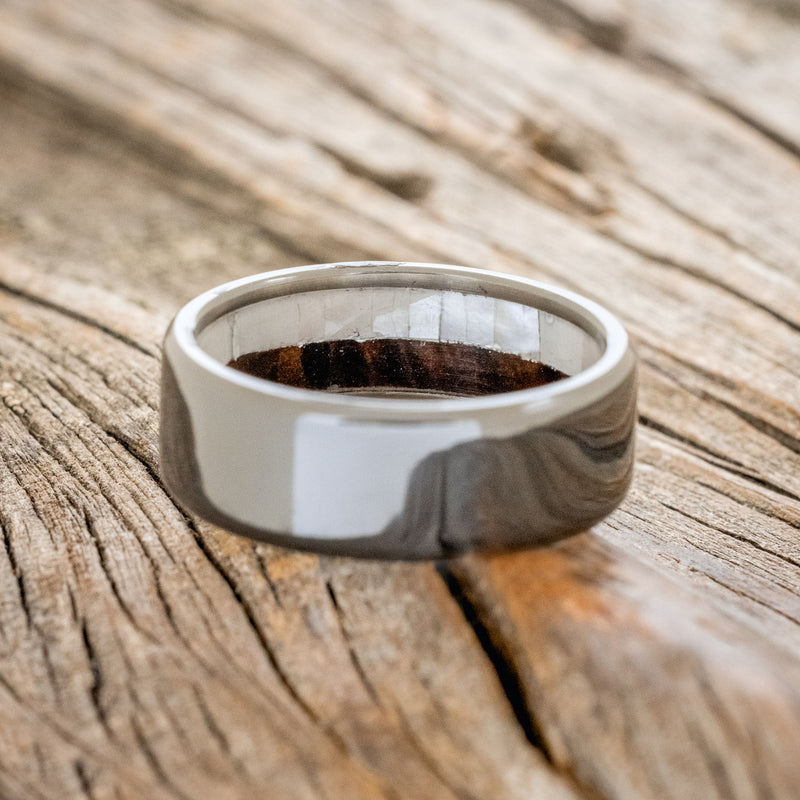 MOTHER OF PEARL & IRONWOOD WEDDING RING FEATURING A BLACK ZIRCONIUM BAND
