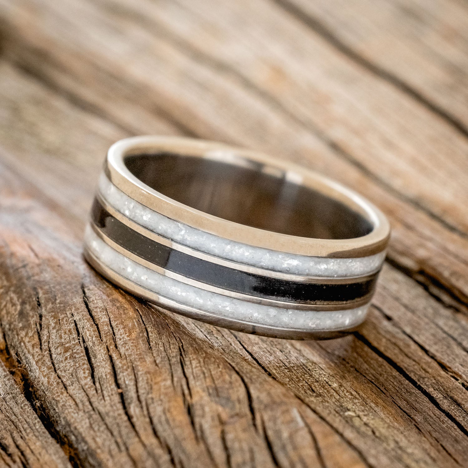 "RIO" - DIAMOND DUST & CHARRED WHISKEY BARREL WEDDING RING-2