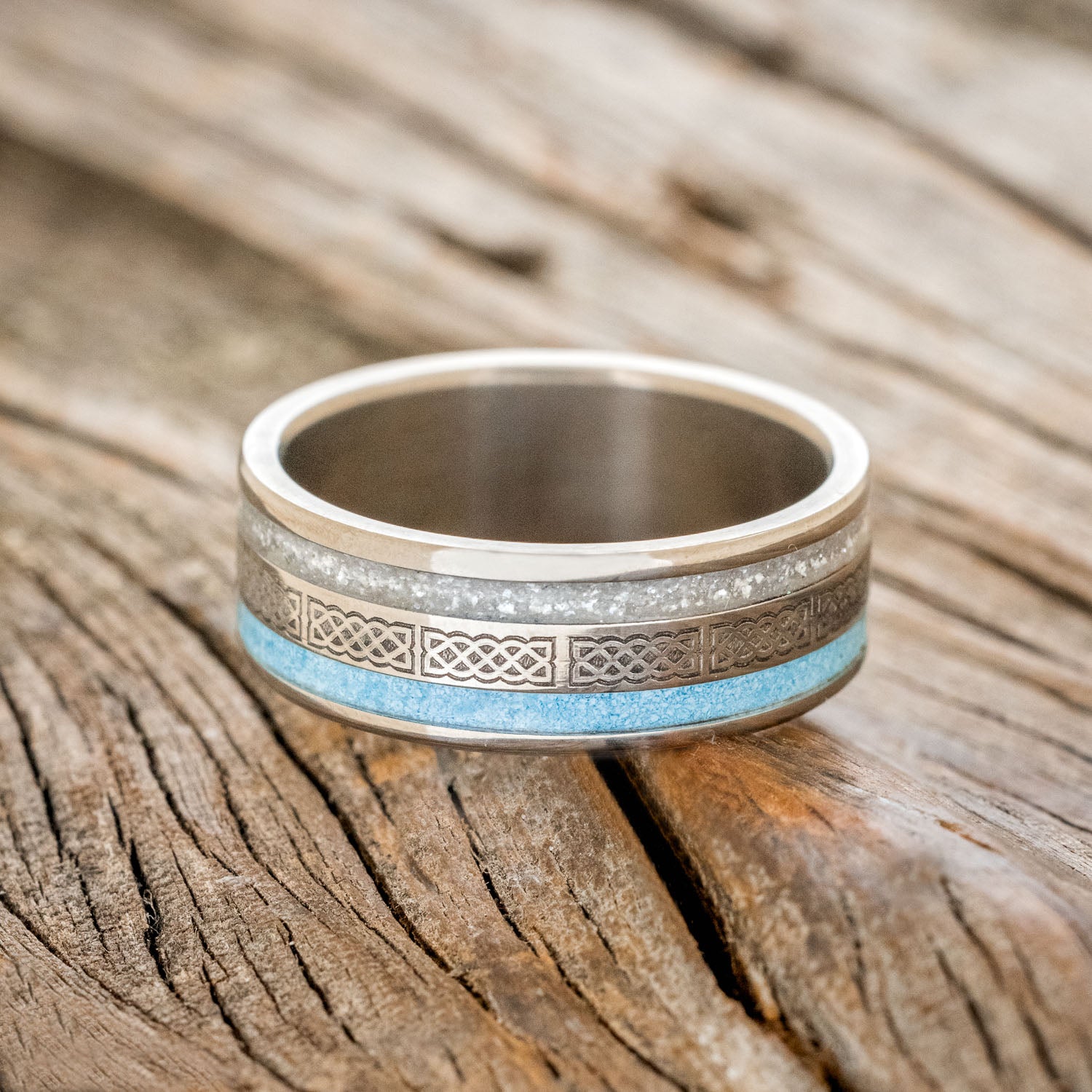 "RYDER" - CELTIC SAILOR'S KNOT ENGRAVED, DIAMOND DUST & TURQUOISE WEDDING RING-3